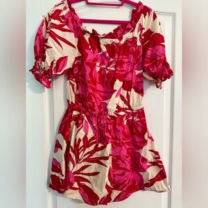 FLYING TOMATO Women Romper. Red & Pink Tropical Floral Colorful Puff.